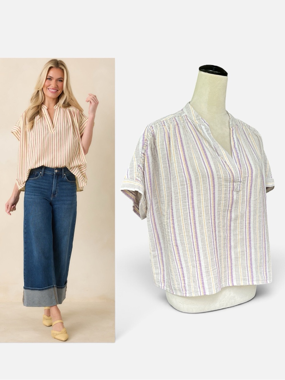 FRNCH Linen-Blend Striped Blouse (Bonaia Style Cut) in Purple/Yellow Sz M
